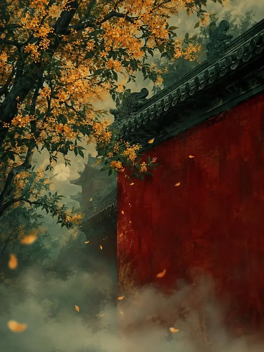 《墙下的桂树》封面：墨绿宫墙下金桂盛开，落花飘过红墙与薄雾