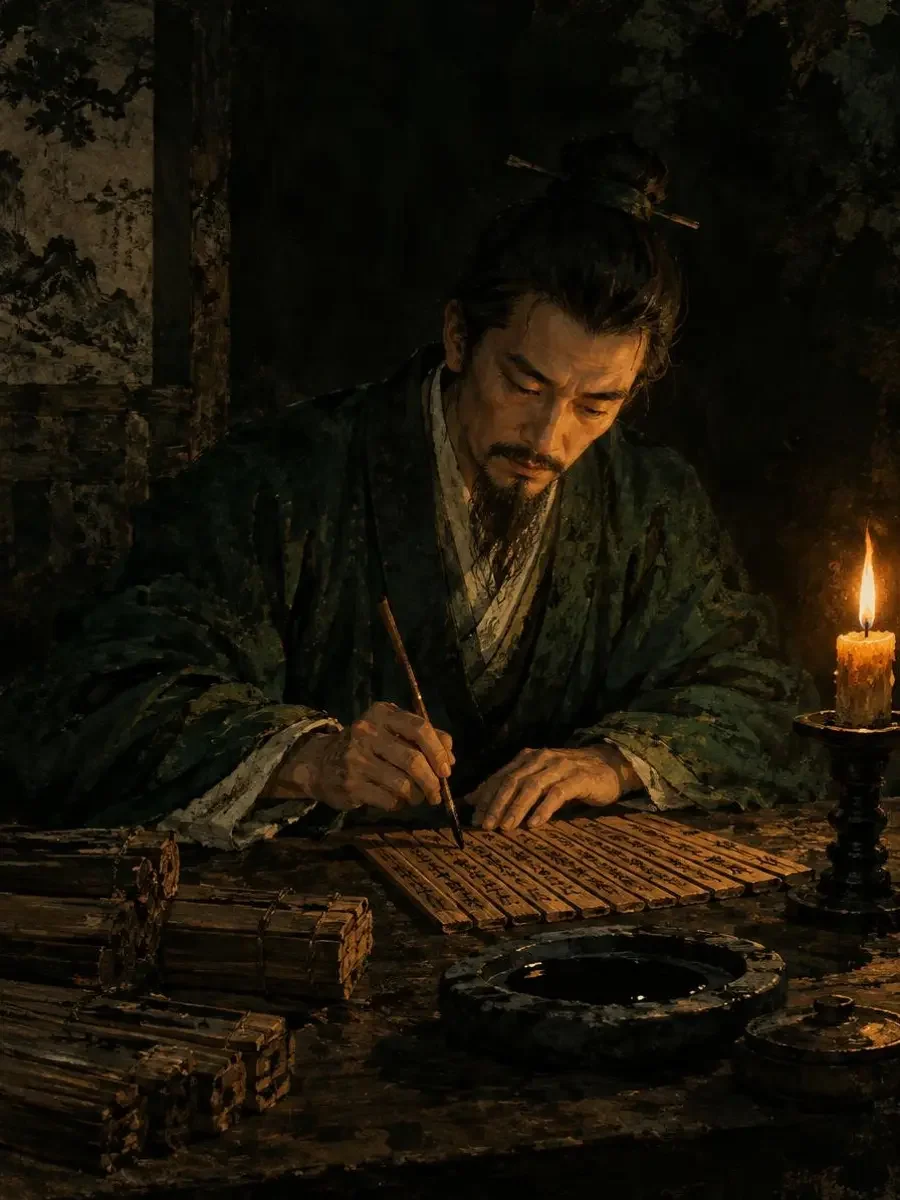 《墨砚史》封面：烛光下一支笔落在竹简上，砚中浓墨与墨绿衣袖相映