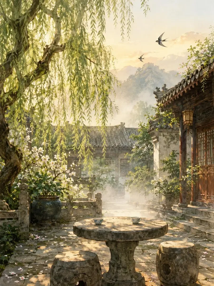 《春深语燕》封面：旧宅春日庭院，燕子掠过瓦顶，石桌上两只茶盏
